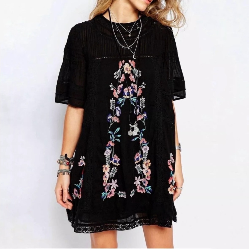 Free People Perfectly Victorian Black Embroidered Dress Short Sleeve - Picture 8 of 14